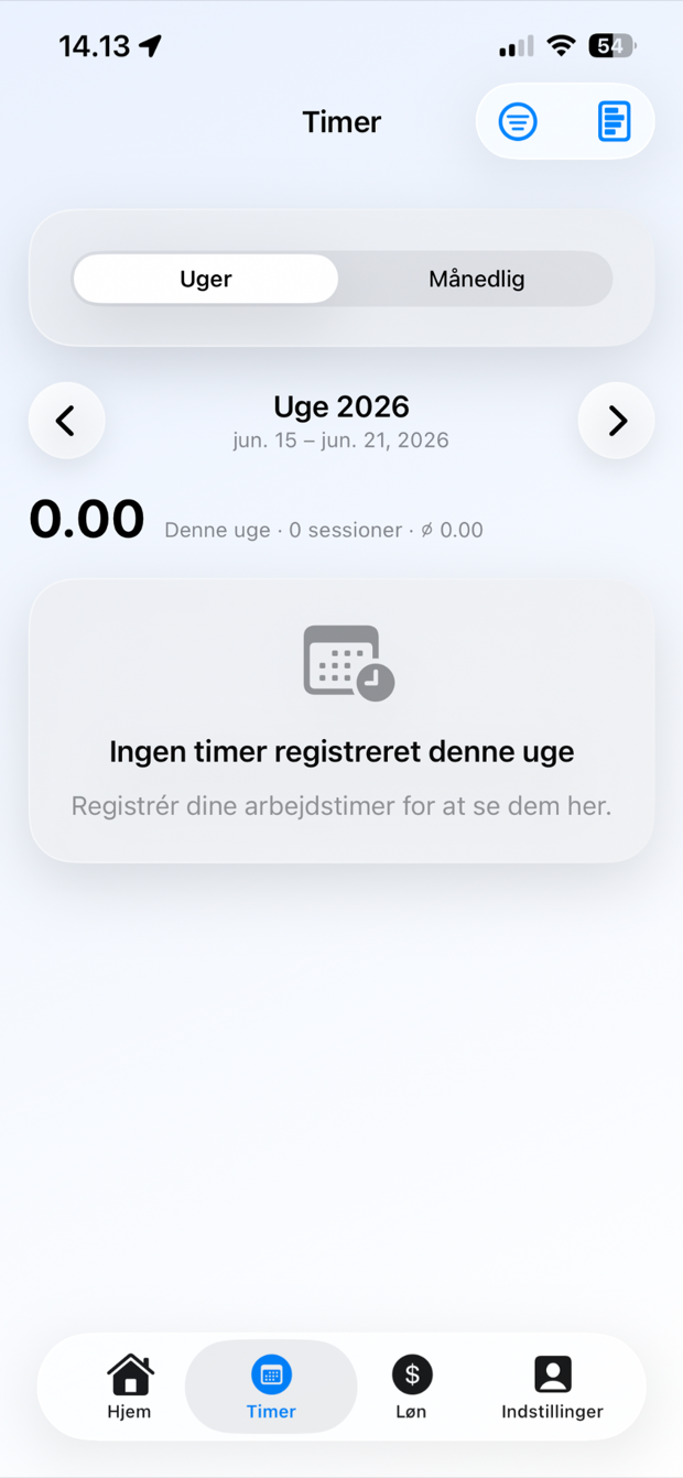 ClockHub timer viser uge- og månedsvisning for registreret arbejdstid.