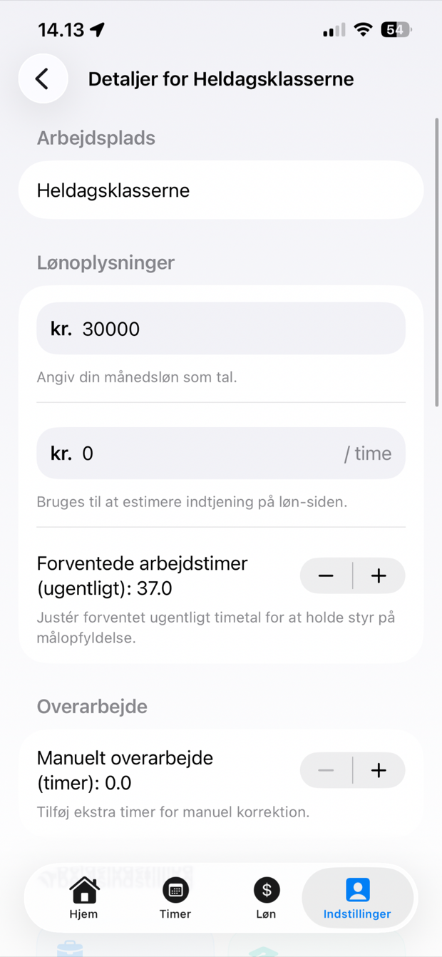 ClockHub indstillinger på dansk.