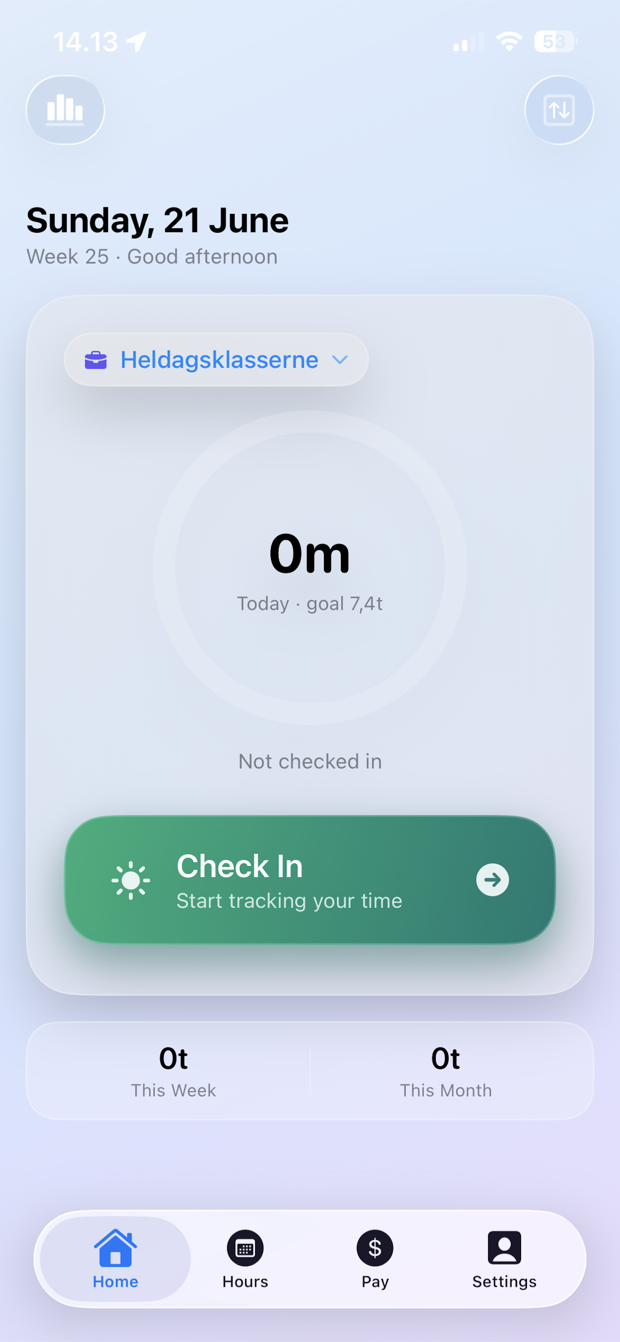 ClockHub Home shows today's hours, workplace and check-in button.
