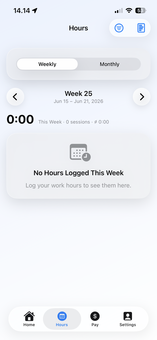 ClockHub Hours shows weekly and monthly work hour tracking.